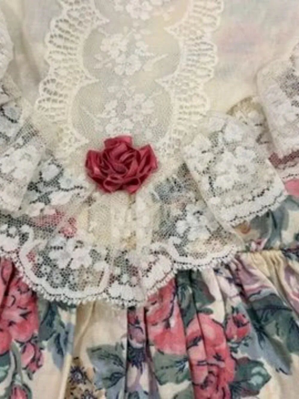 Vintage Victorian 3T Girls Floral Lace Collar Dress Puff Sleeves